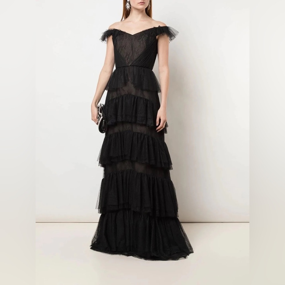 MARCHESA NOTTE
Lace Tiered Off-the-Shoulder Gown